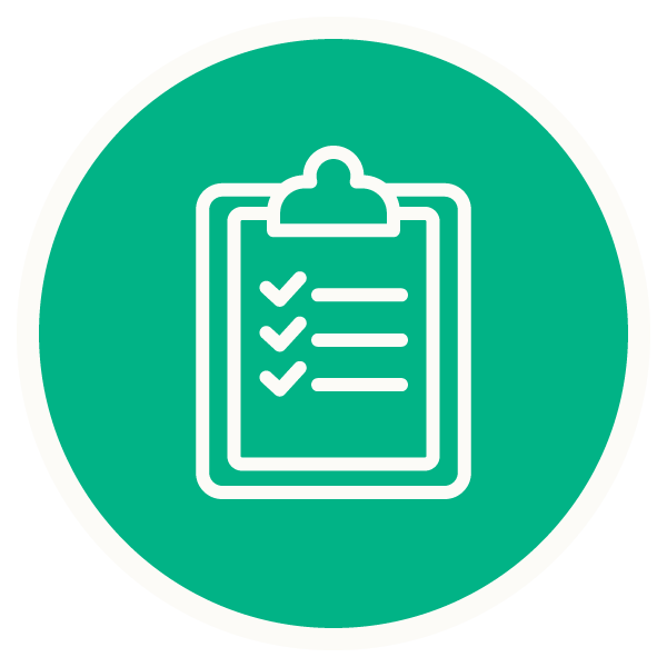 Green circular icon depicting a thorough checklist.