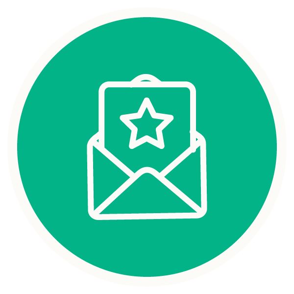 Green circular icon depicting a piece of mail with a star on it.