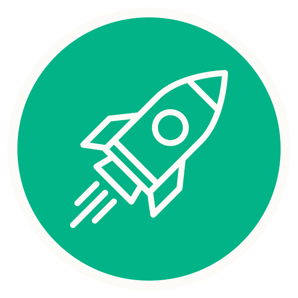 A green circular icon depicting a rocket taking off.
